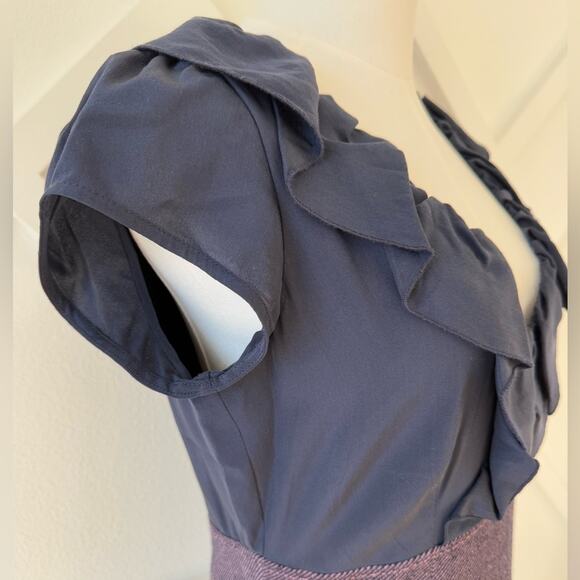 Rebecca Taylor Ruffle 100% Silk Wool Tweed Sheath Dress Blue and Purple Size 10 - Picture 4 of 13